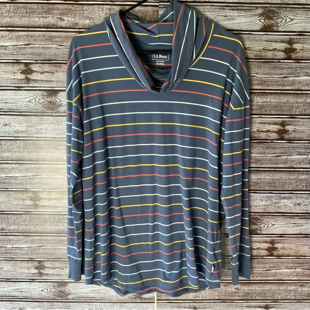 LL Bean Women's Cowl-Neck Long-Sleeved Top Size M Reg‎ Striped Logo NWT